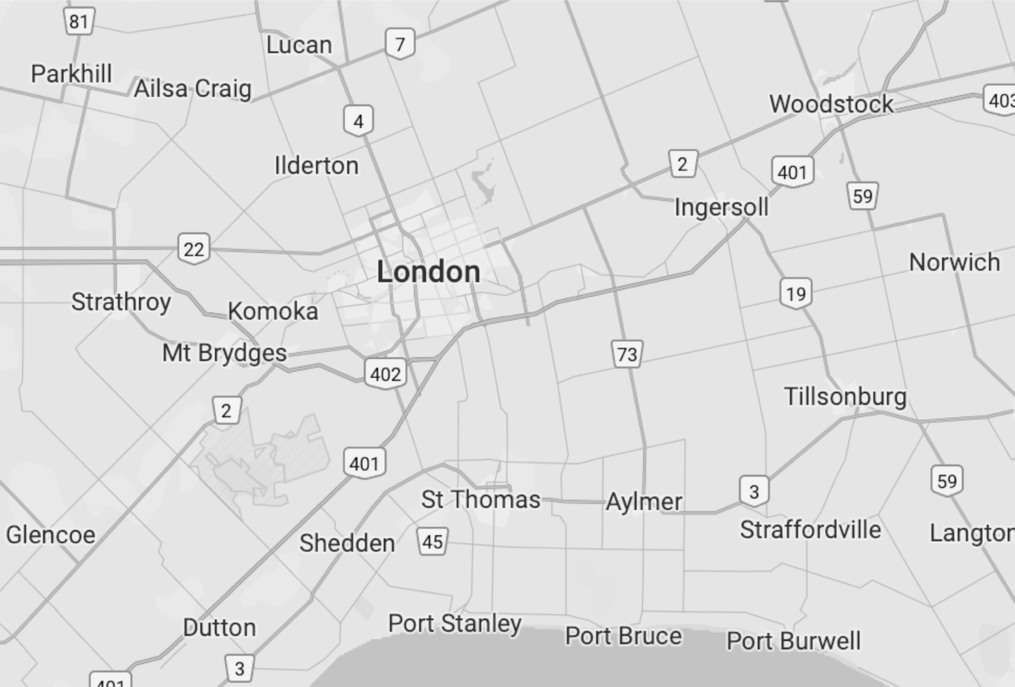 Service Area Map - London, Ontario and surrounding communities within 45 minutes