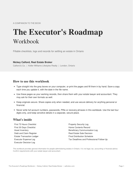 The Executor's Roadmap Workbook cover, a fillable estate checklist and records workbook for Ontario